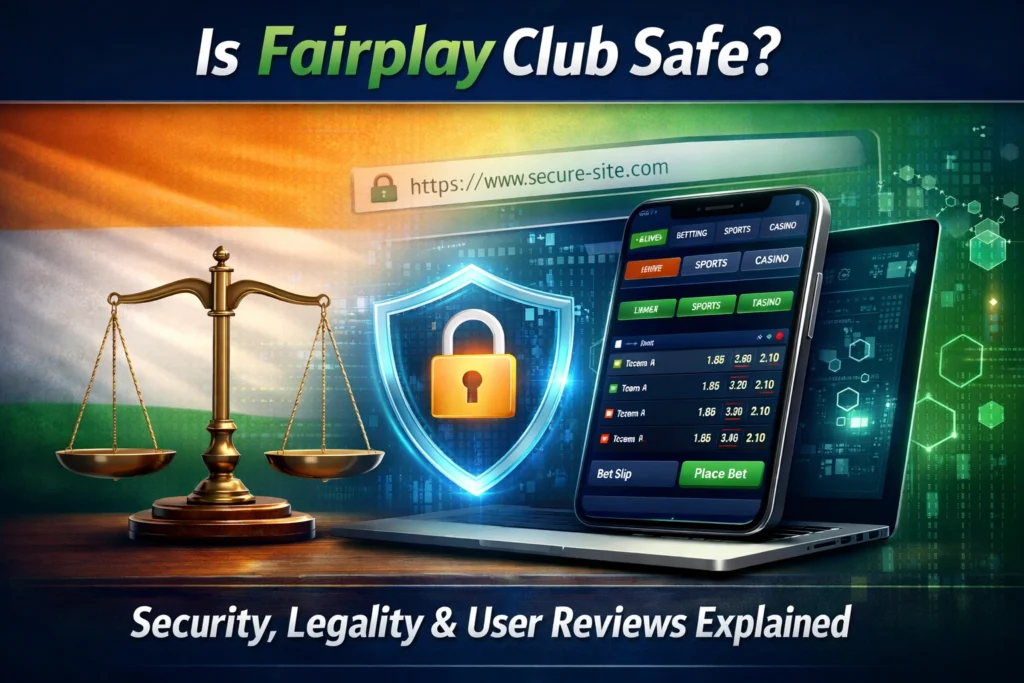 Is Fairplay Club safe in India showing online betting app with security shield, padlock and legality concept