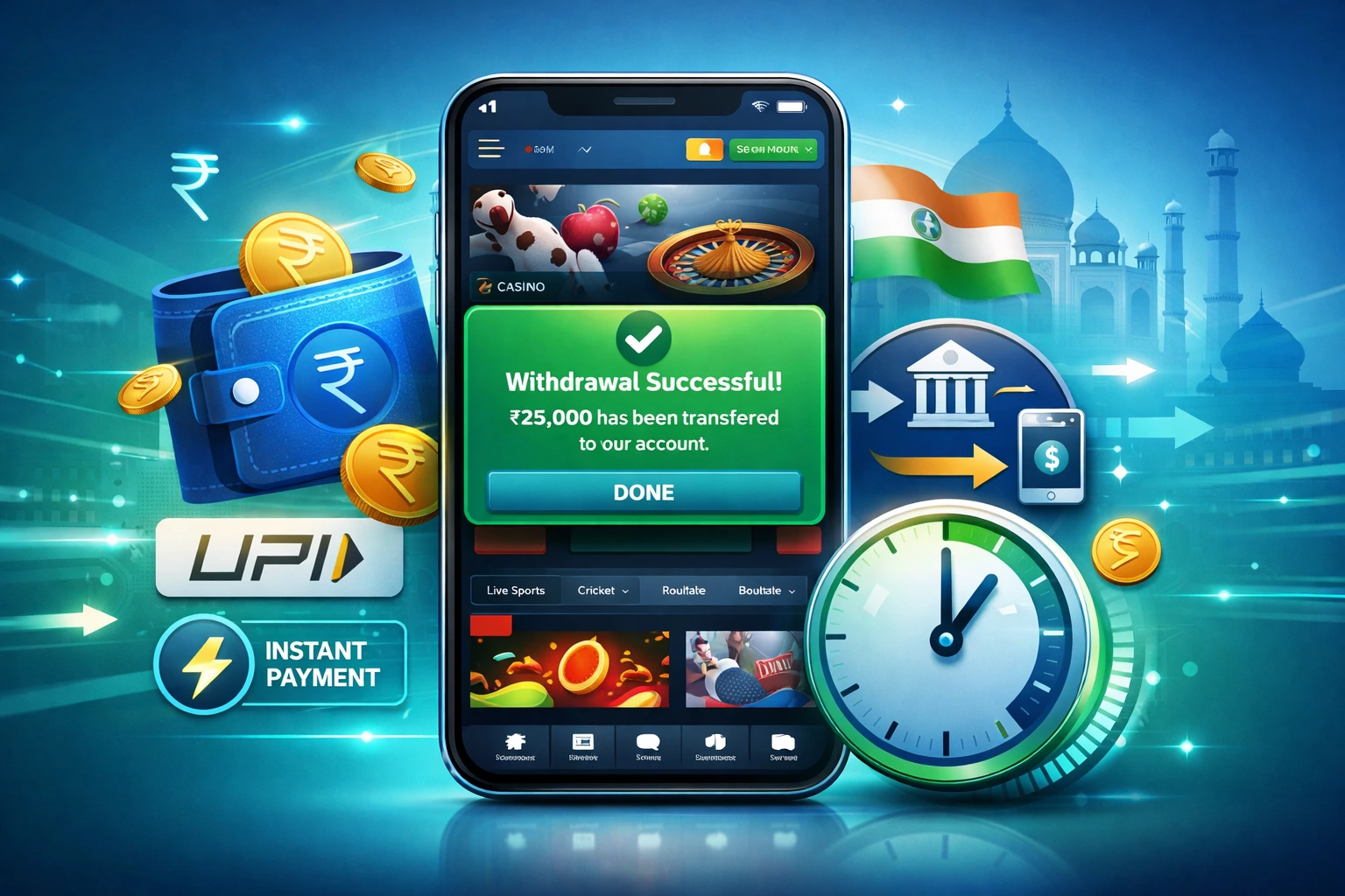 Fairplay withdrawal time in India showing casino payout to bank with ₹ symbol and payment processing.