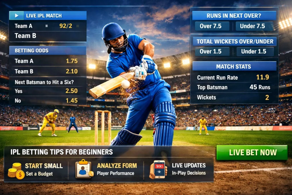 Best IPL betting strategies for beginners with cricket match action and live betting odds interface showing stats and analysis