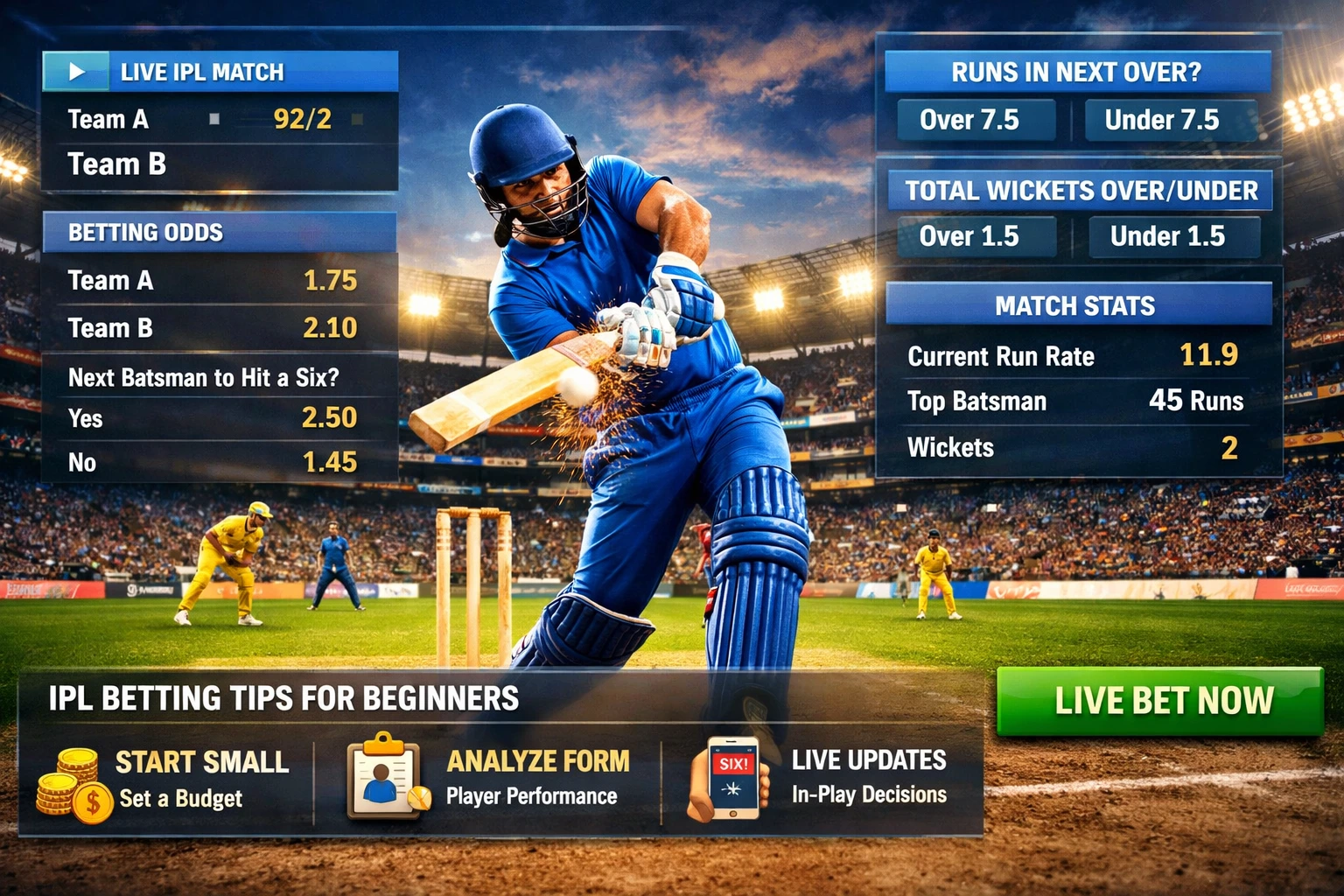 Best IPL betting strategies for beginners with cricket match action and live betting odds interface showing stats and analysis