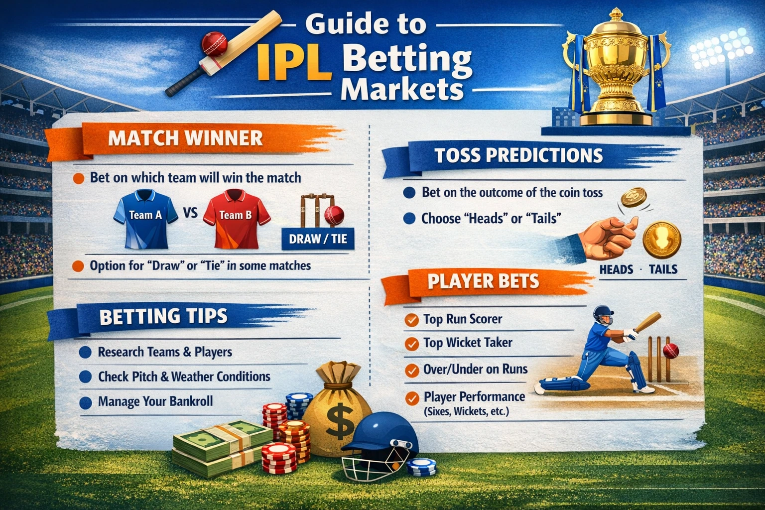 IPL betting markets explained with match winner odds, toss betting, and player bets displayed on a cricket match screen
