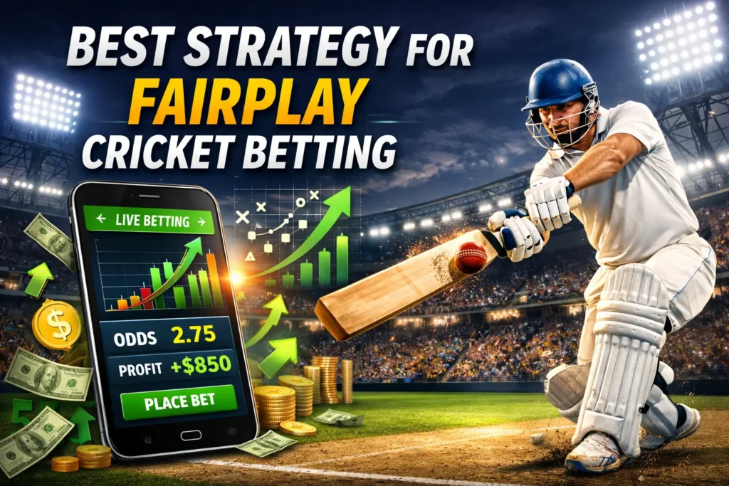 Best strategy for Fairplay cricket betting showing cricket match, betting app interface, odds analysis and profit strategy for beginners