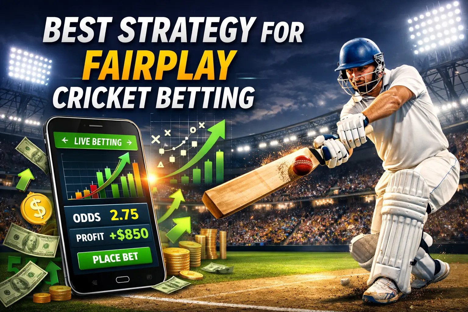 Best strategy for Fairplay cricket betting showing cricket match, betting app interface, odds analysis and profit strategy for beginners