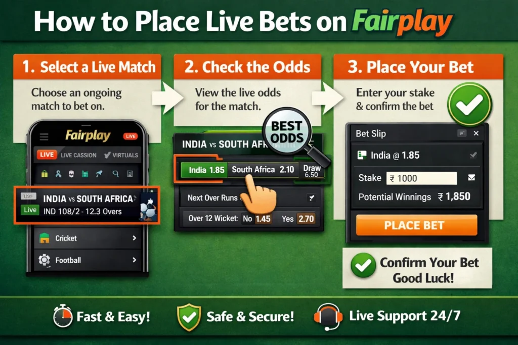 Step-by-step guide showing how to place a live bet on Fairplay including match selection, viewing odds, and confirming the bet