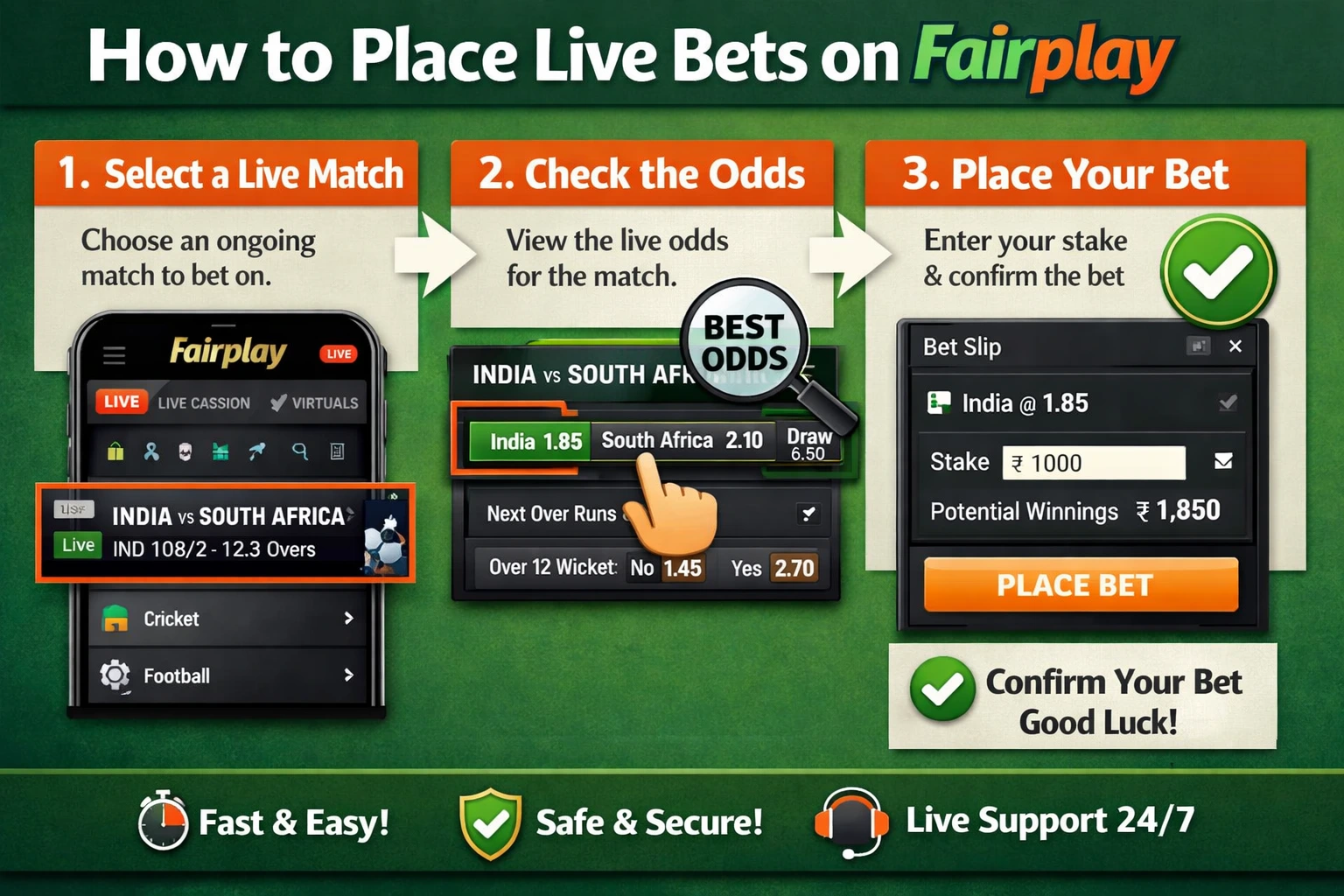 Step-by-step guide showing how to place a live bet on Fairplay including match selection, viewing odds, and confirming the bet