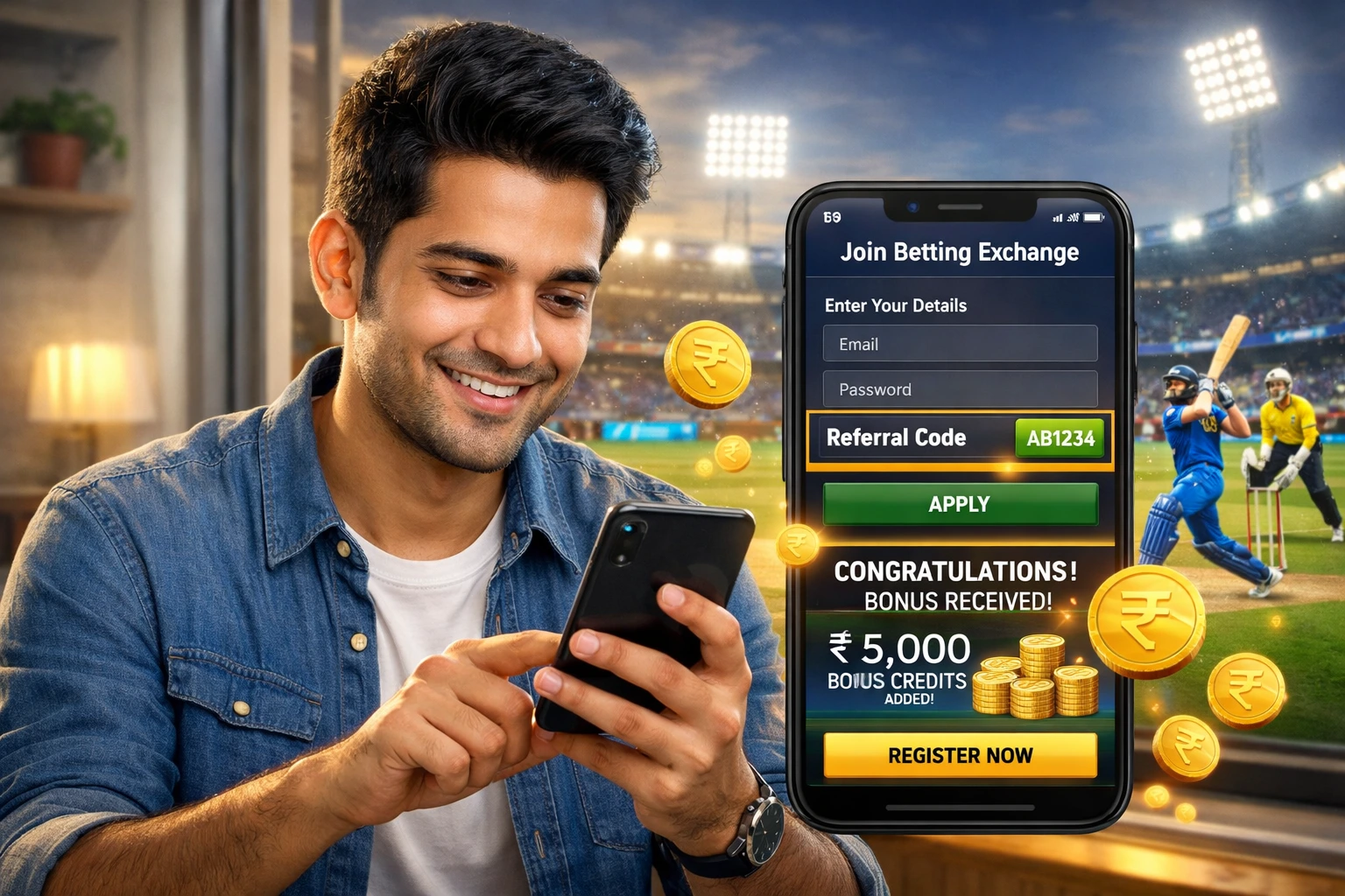 Fairplay referral code bonus India 2026 showing free credits signup and betting exchange rewards on mobile app